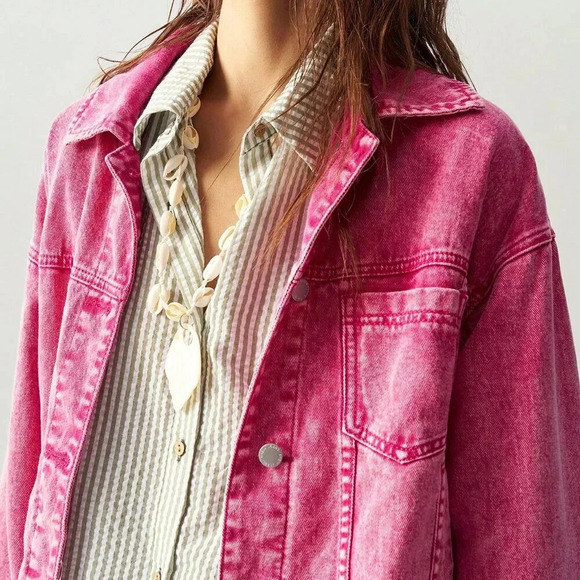 Hot Pink Casual Women's Loose Fit Dropped Shoulder Long Sleeve Washed Jacket - Picture 7 of 8